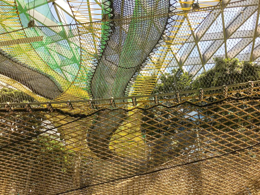Interior del aeropuerto Changi de Singapur, con la estructura de red y jardines de Jewel Changi