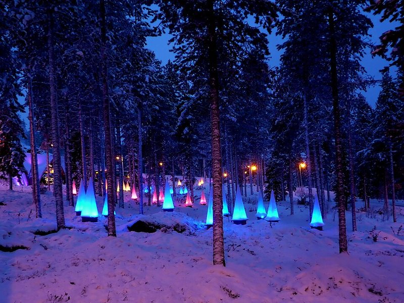 Bosque nevado iluminado con luces de colores en la entrada de SantaPark en Rovaniemi