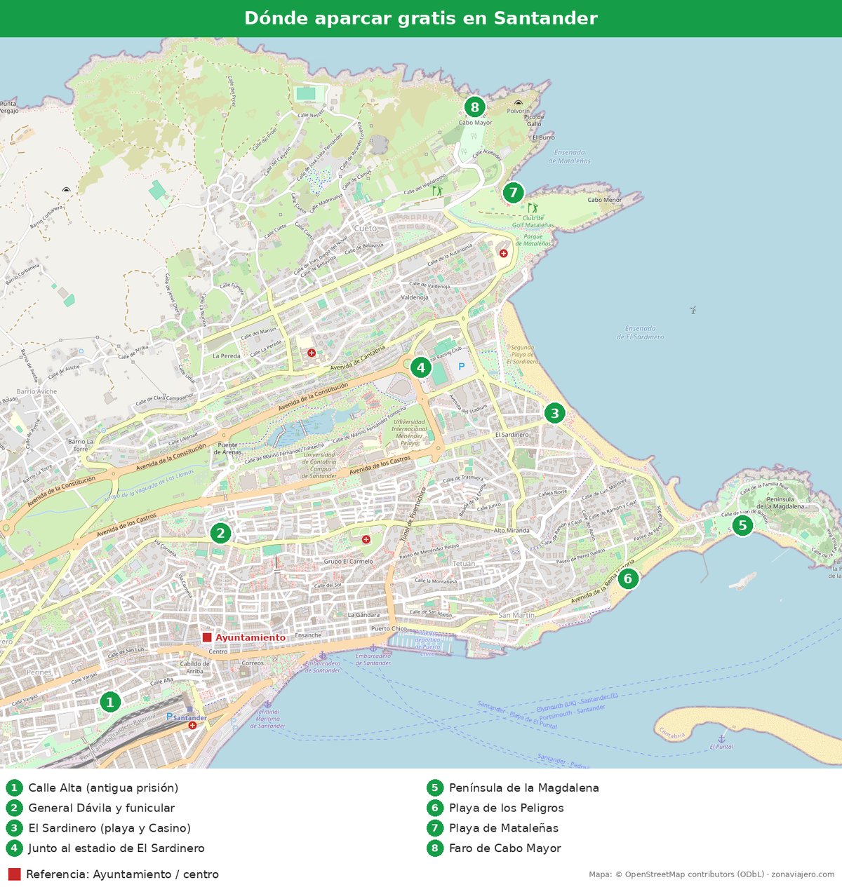 Mapa con las zonas para aparcar gratis en Santander: Calle Alta, General Dávila, El Sardinero, la Magdalena, Los Peligros, Mataleñas y Cabo Mayor