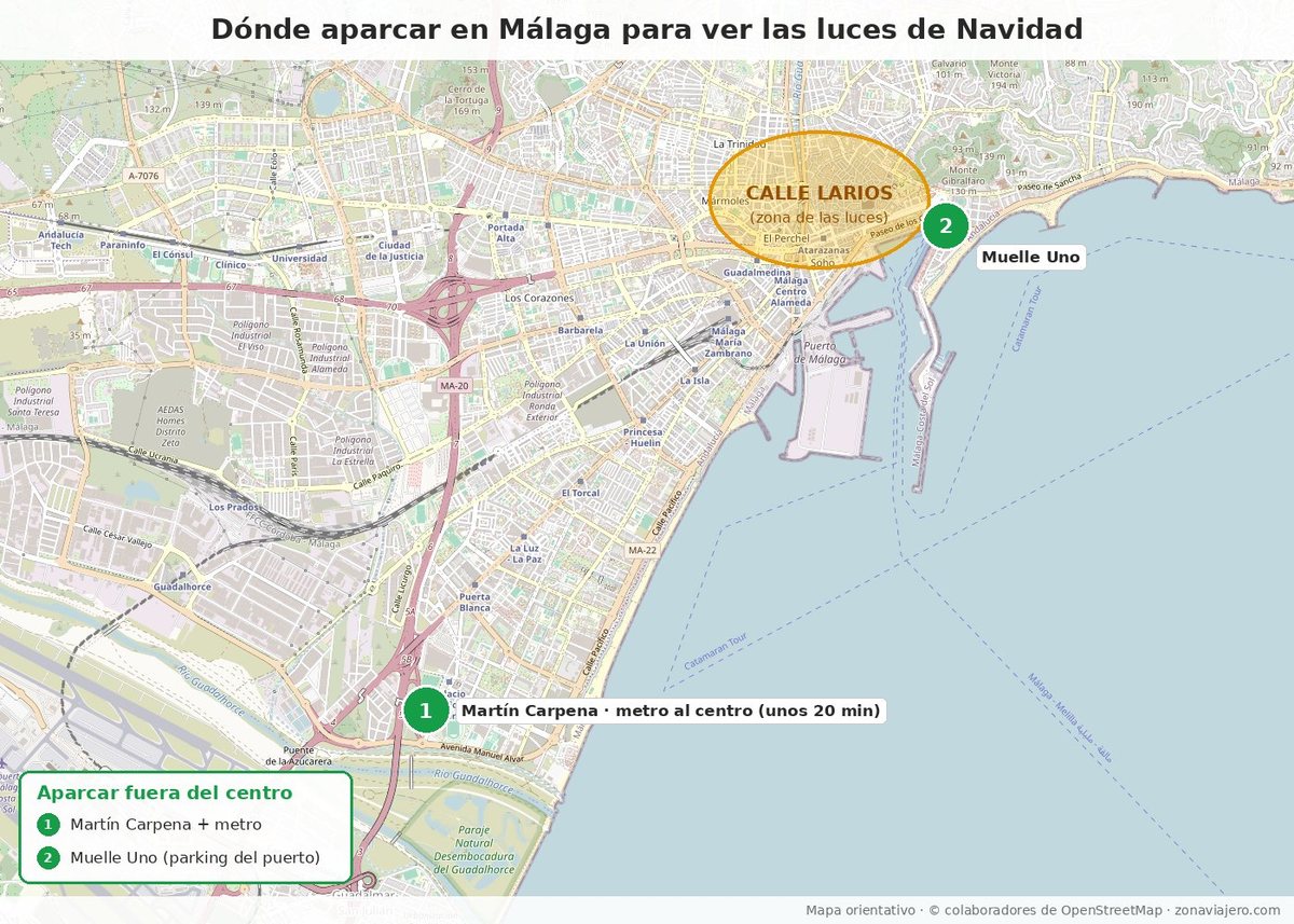 Mapa para aparcar en Málaga y ver las luces de Navidad: Martín Carpena con metro y Muelle Uno