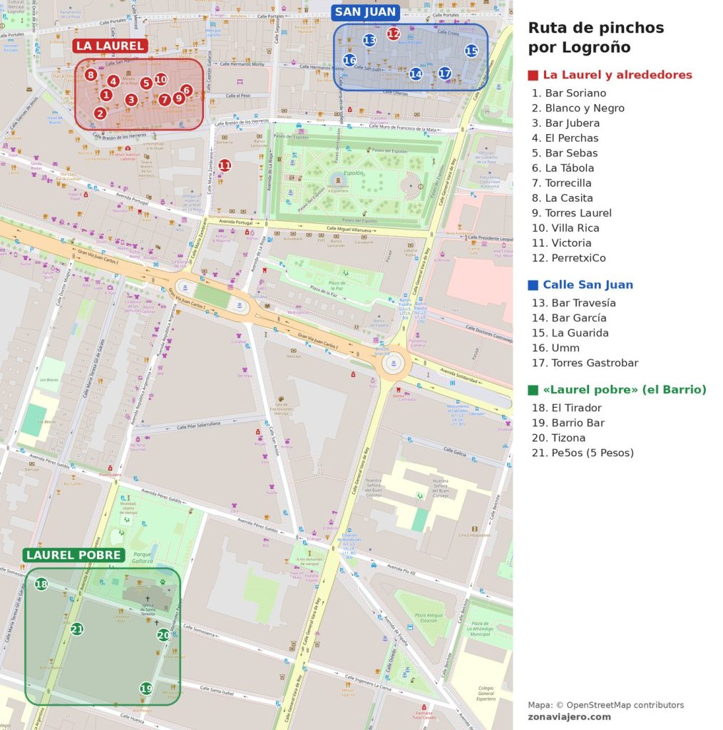 Mapa de la ruta de pinchos por Logroño con los bares de la calle Laurel, la calle San Juan y la Laurel pobre