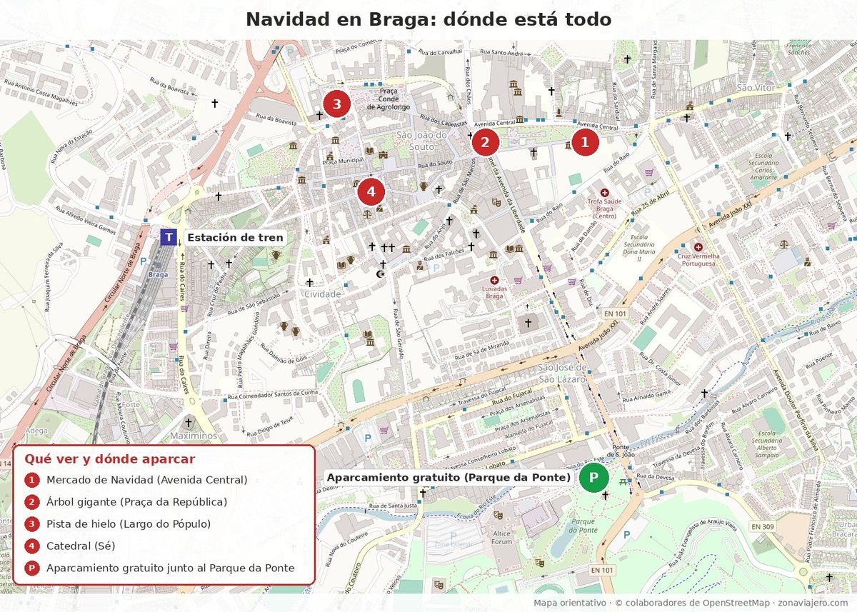 Mapa de la Navidad en Braga: mercado, árbol, pista de hielo, catedral y aparcamiento gratuito