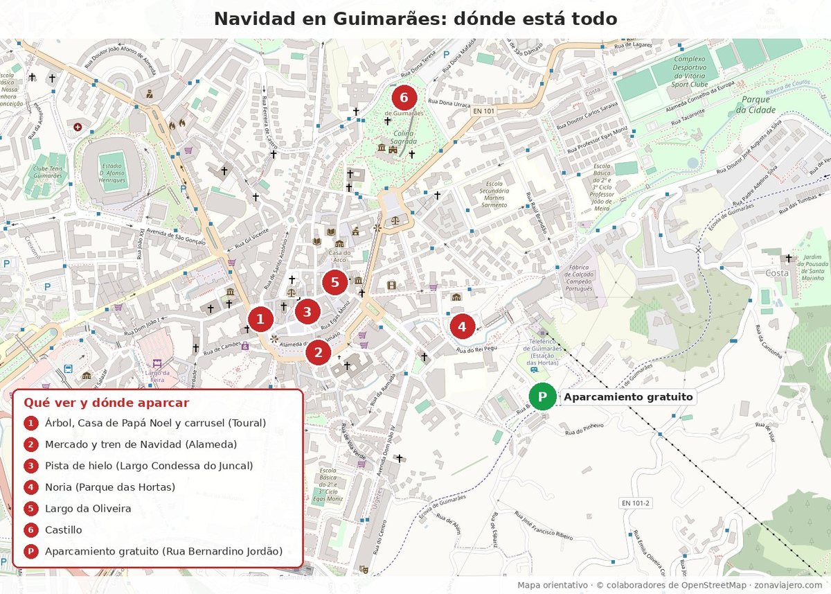 Mapa de la Navidad en Guimarães: árbol del Toural, mercado, pista de hielo, noria y aparcamiento gratuito