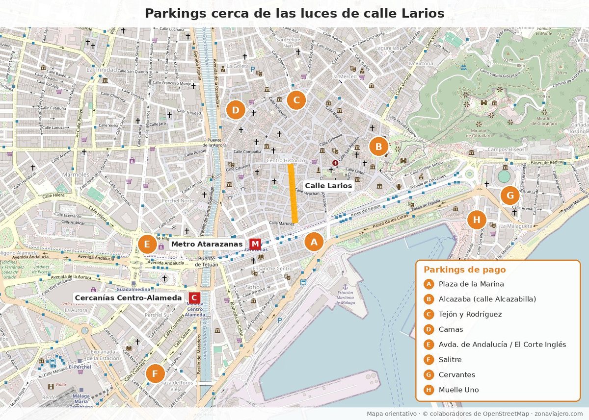 Mapa de los parkings de pago cerca de la calle Larios de Málaga