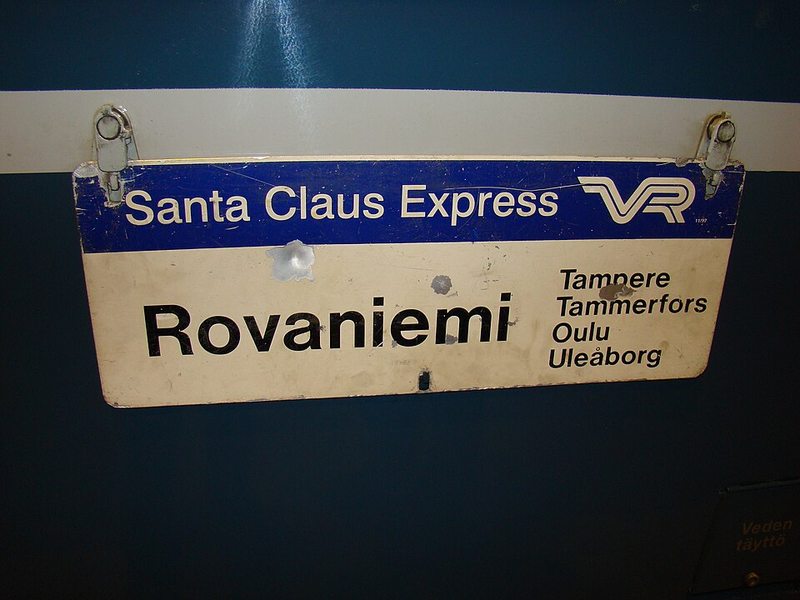 Cartel del tren nocturno Santa Claus Express con destino Rovaniemi